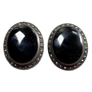 Vintage sterling silver Onyx and Marcasite clip back earrings
